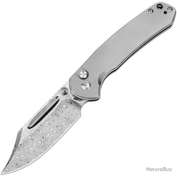 Couteau Pliant CJRB Bowie Pyrite Lame Acier Damas Manche Acier Button Lock J1942TDM