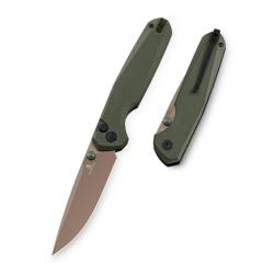Couteau Pliant Bestechman Velix Lame 14C28N Or PVD Manche G10 Vert OD Button Lock BTKMK07G