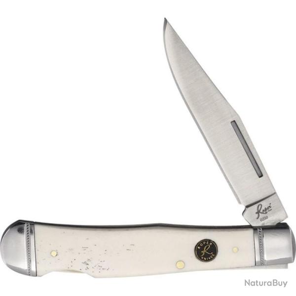 Couteau de Poche Roper Knives Lockback Trapper Lame 1065 Manche Os blanc lisse Pocket Clip RP0005CWB