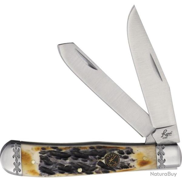Couteau de Poche Roper Knives Trapper Lame Carbone Manche Os Brule Pocket Clip Slip Joint RP0002CBW