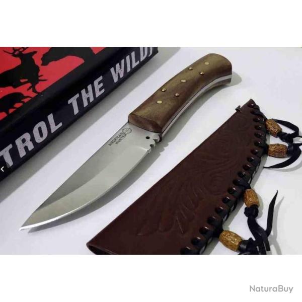 Lot de 3 Couteau American Hunter Style Native Trappeur Lame Acier 1055 Carbon Manche Bois AH018