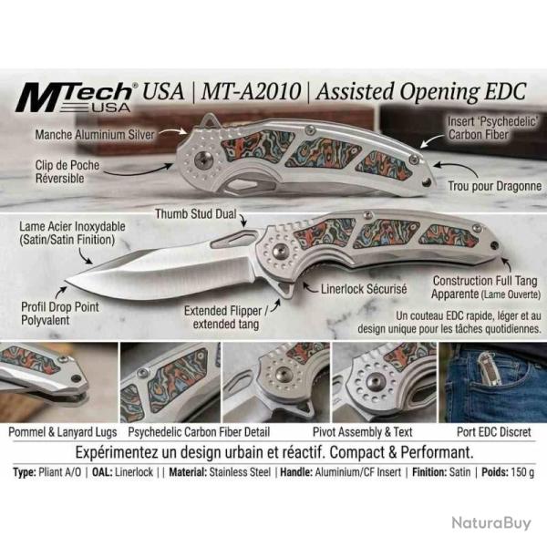 Couteau MTech Linerlock A/O Lame Acier 3Cr13 Manche Alu & Fibre de Carbone Rouge MTA2010RD