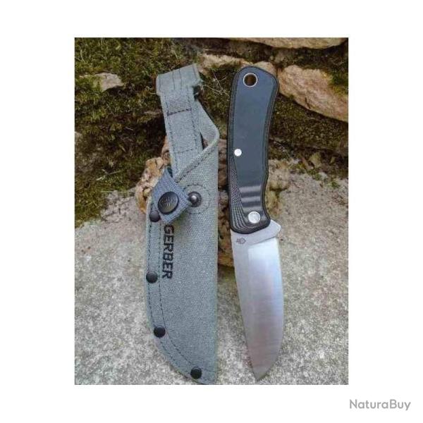 Couteau Gerber Downwind Drop Point Lame Acier 7Cr17MoV Manche G10 Gris/Noir Etui Gray Canvas G3929