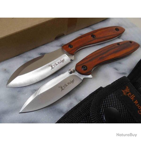 Set Couteaux Elk Ridge Hunter & Folder Lame Acier Inox Manche Bois Etui Nylon ERSET111BN
