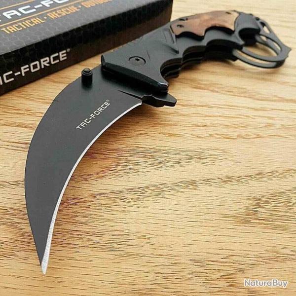 Couteau Karambit Tac-Force A/O Lame Acier 3Cr13 Black Manche Alu/Bois Linerlock TF957WD