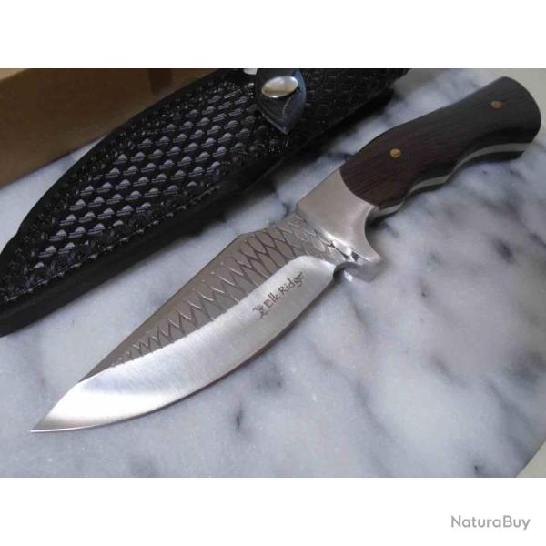 Couteau Elk Ridge Lame Drop Point Acier 5Cr15 Manche Bois Noir Etui Cuir ERFIX127