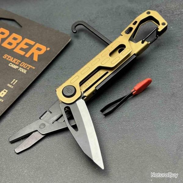 Outil Multifonctions 11-en-1 Gerber Stake Out Lame Acier Wharncliffe Manche Champagne G1744