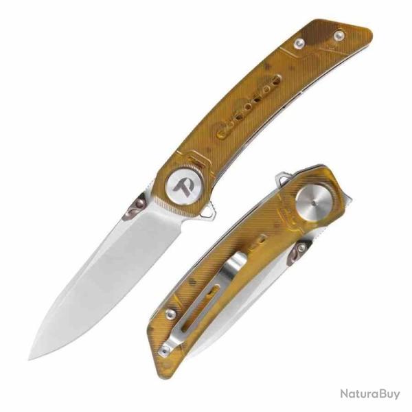 Couteau Dreamtech Drop-Point Lame Acier 14C28N Manche Plaquettes PEI Jaune Linerlock DTK3610PY
