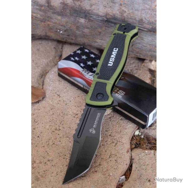 Lot de 2 Couteau USMC Marines Lame Tanto A/O Acier 3Cr13 Black Manche Noir/Green Liner USMA3005GN