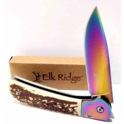 Couteau Elk Ridge A/O Lame Acier 3Cr13MoV Manche ABS Imitation Bois Cerf Liner Lock ERA2022RB