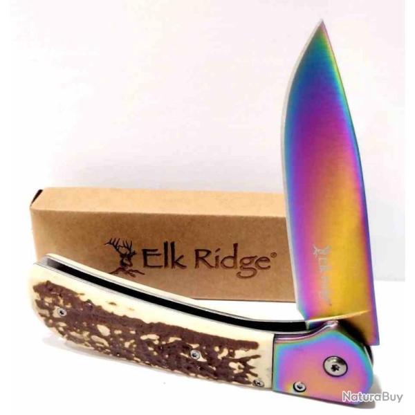 Couteau Elk Ridge A/O Lame Acier 3Cr13MoV Manche ABS Imitation Bois Cerf Liner Lock ERA2022RB
