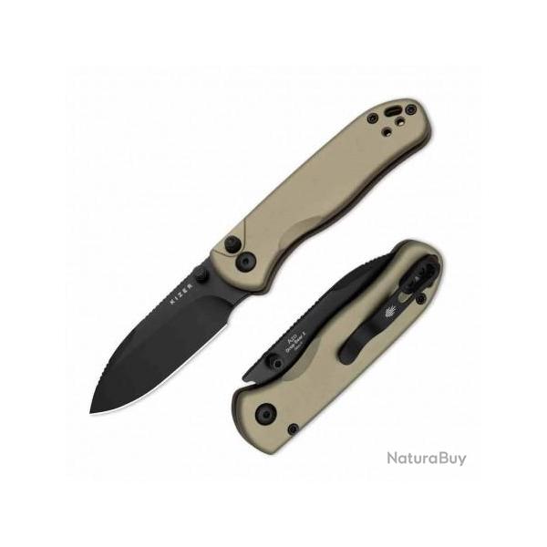 Couteau Kizer Azo Drop Bear 2 Lame Acier Nitro-V Black Manche Alu Tan Button Liner Lock KIV36192CD1