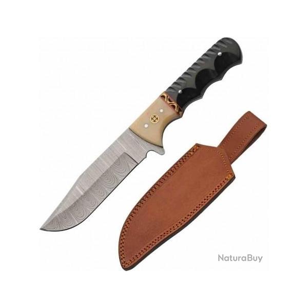 Couteau Skinner Damas Lame 256 Couches Manche Micarta/Os Fourreau Cuir DM1405BK