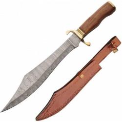 Couteau de Chasse Scimitar Hunter Lame Acier Damas 256 Couches Manche Bois/Laiton Etui Cuir DM1407
