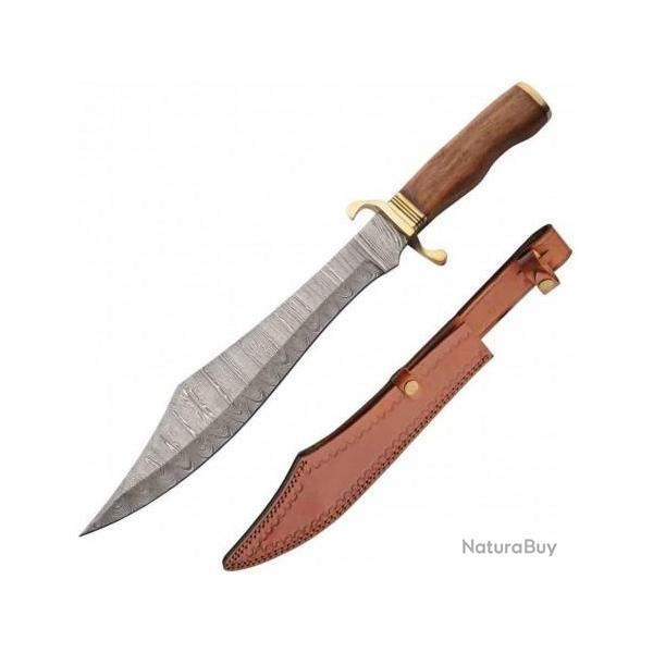 Couteau de Chasse Scimitar Hunter Lame Acier Damas 256 Couches Manche Bois/Laiton Etui Cuir DM1407