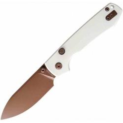Couteau Vosteed Raccoon White Lame Drop Point Acier 14C28N Cuivre Dune Manche G10 Top VOSA2913
