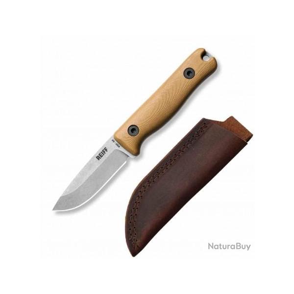 Couteau Reiff Knives F3 Drop Point Lame Acier CPM 3V Manche G10 Tan Etui Cuir USA REKF3D11CTBL