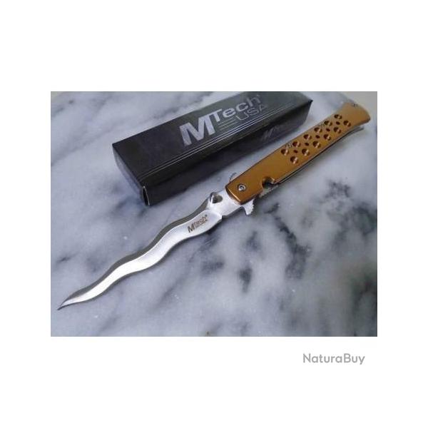 Lot de 2 Couteau Semi Automatique MTech Kriss Lame Wavy Acier 3Cr13MoV Manche Alu Or MTA2042WG