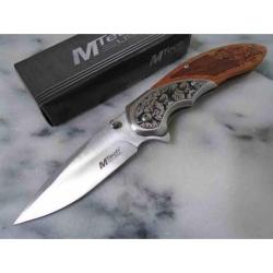Couteau MTech A/O Manche Bois Marron Bolsters Acier Lame Satin&eacute;e Acier 3Cr13 Linerlock MTA2006SB