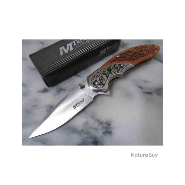 Couteau MTech A/O Manche Bois Marron Bolsters Acier Lame Satin�e Acier 3Cr13 Linerlock MTA2006SB