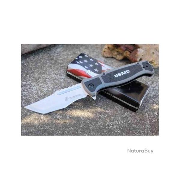 Lot de 2 Couteau USMC Marines A/O Lame Tanto Acier 3Cr13 Manche Nylon Noir/Gris USMA3005GY