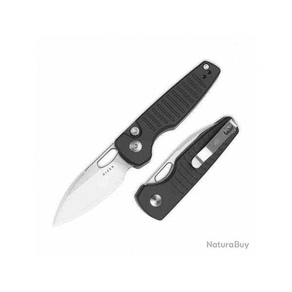 Couteau Kizer Parakeet Black Lame Sheepsfoot Acier Nitro-V Satin Manche Alu Button Lock KIV2706A4
