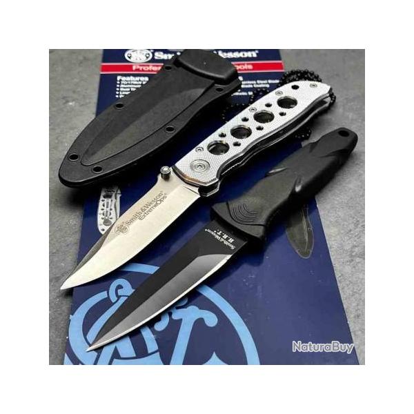 Set Couteaux Smith & Wesson Extreme Ops/HRT 1 Pliant & 1 Fixe Lame Acier 7Cr17MoV SWP1105619