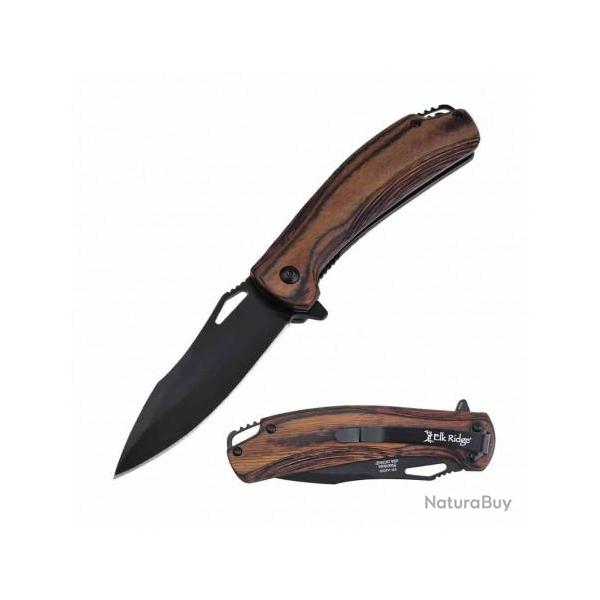 Couteau Elk Ridge A/O Dark Brown Lame Acier 3Cr13 Manche Bois Linerlock Clip ERA2002DB