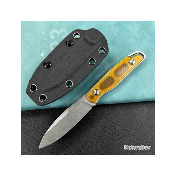 Couteau Kubey Dust Devil Yellow Manche Ultem Lame Acier 14C28N Beadblast Etui Kydex KUB357C