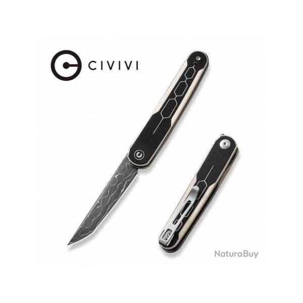 Couteau CIVIVI KwaiQ Ivory/Black Manche G10 Lame Tanto Acier Damas IKBS Liner Lock Clip CIVC23015DS1