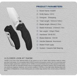 Couteau Kizer Sheepdog C01C Black Lame Acier 154CM Manche Alu IKBS Clutch Lock Clip KIV4488AC2