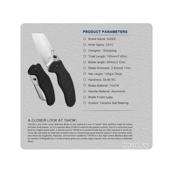 Couteau Kizer Sheepdog C01C Black Lame Acier 154CM Manche Alu IKBS Clutch Lock Clip KIV4488AC2