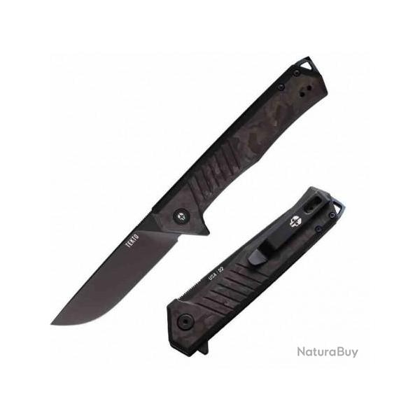 Couteau Tekto Knives F1 Alpha CF/Blue Lame Acier D2 Black Manche Fibre Carbone Clip USA TKTF1CBKBK1