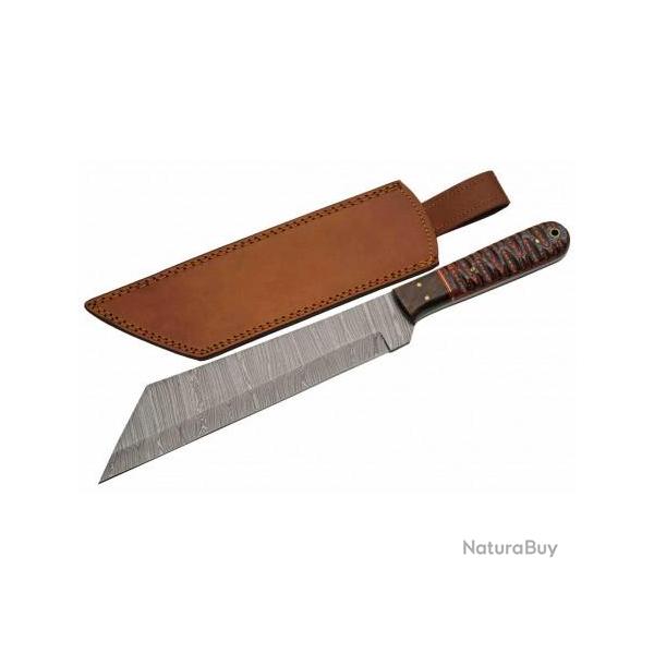 Couteau Damas Viking Seax Lame 256 Couches Manche Bois Red Etui Cuir DM1368RD