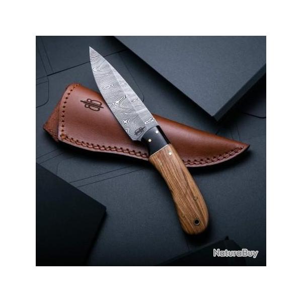 Couteau BuckNBear Utility Hunter Lame Acier Damas 256 Couches Manche Bois Etui Cuir BNB142107