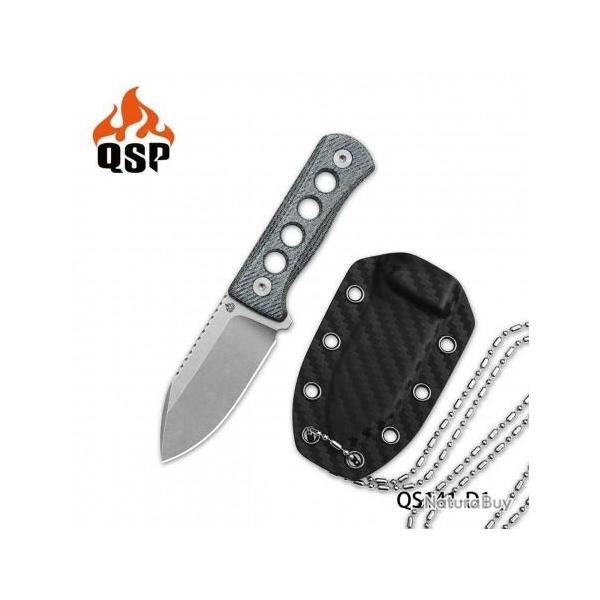 Couteau de Cou QSP Canary Denim Blue Lame Acier 14C28N Manche Micarta Etui Kydex QS141D1
