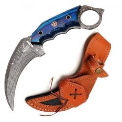 Couteau FH Knives Karambit Lame Acier Damas 256 Couches Manche Bleu Etui Cuir FHKKMBT001