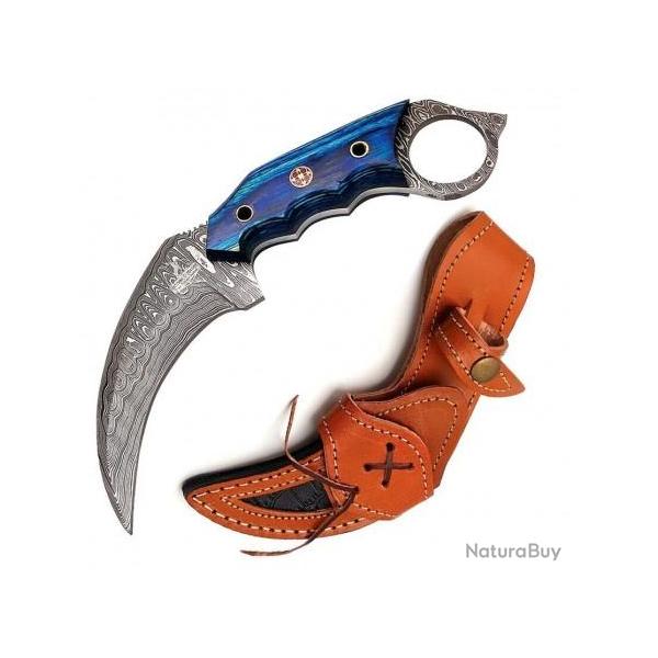 Couteau FH Knives Karambit Lame Acier Damas 256 Couches Manche Bleu Etui Cuir FHKKMBT001