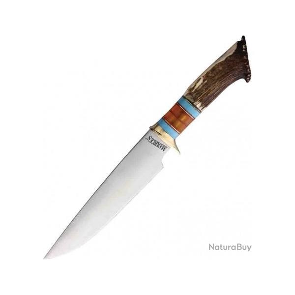 Couteau de Chasse Marbles Bowie Crown Stag Lame Acier Inox Manche Bois de Cerf Etui Cuir MR489