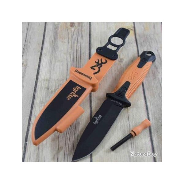 Couteau de Survie Browning Ignite 2 Orange Lame Acier 7Cr17MoV Manche Polym�re Etui Polym�re BR0334