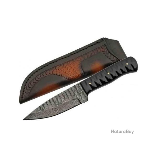DM1198HN Couteau Skinner Damas Sharktooth 256 Couches Manche Corne Etui Cuir
