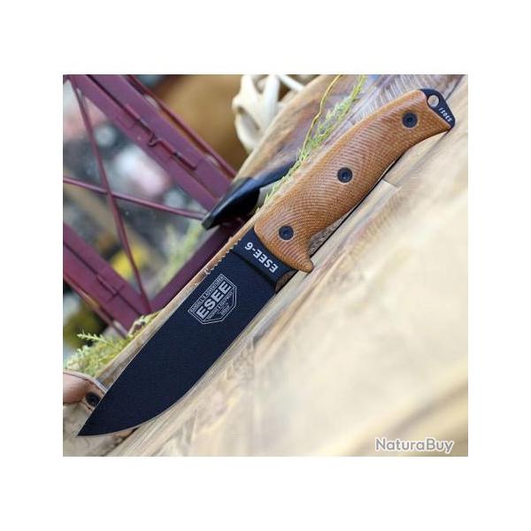Couteau ESEE Esee-6 OD Black Manche Natural Micarta Acier Carbone 1095 Etui USA ES6PB011