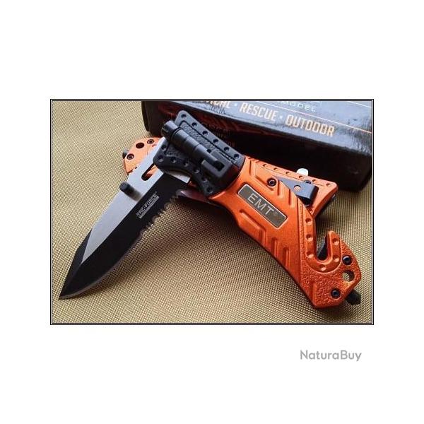 TF835EM Couteau de Secours EMT A/O Lame Acier Inox Manche Alu Lampe Coupe Ceintures