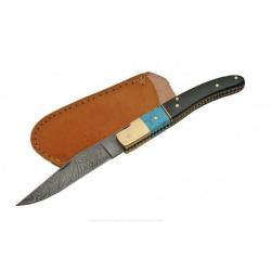 Couteau Damas Lame 128 Couches Fa&ccedil;on Laguiole Manche Corne & Turquoise Etui Cuir DM1156