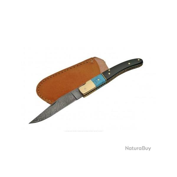 Couteau Damas Lame 128 Couches Fa�on Laguiole Manche Corne & Turquoise Etui Cuir DM1156