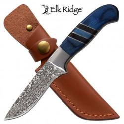 Couteau de Chasse Elk Ridge Lame Acier 3Cr13 Manche Bois Blue Etui Cuir ER20020BL