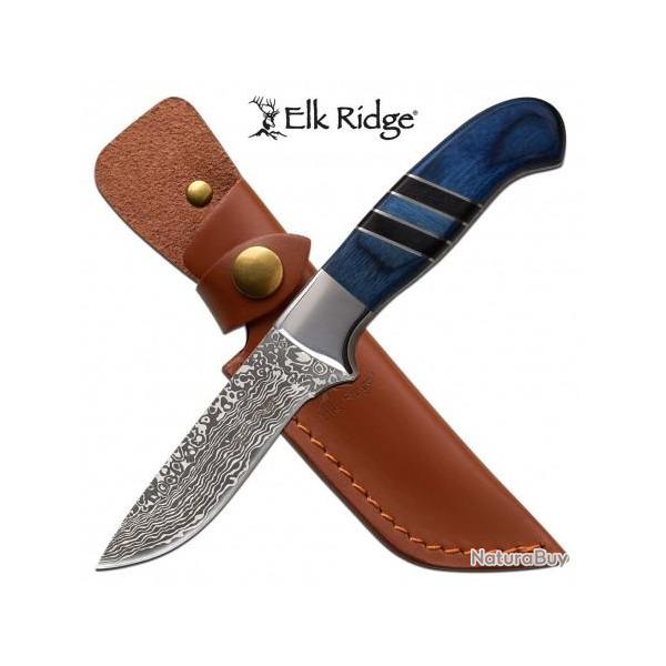 Couteau de Chasse Elk Ridge Lame Acier 3Cr13 Manche Bois Blue Etui Cuir ER20020BL