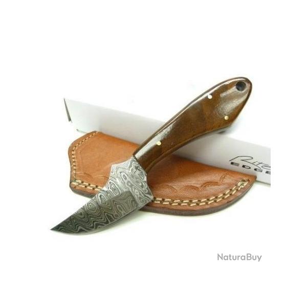 Skinner Couteau Damas Lame 256 Couches Manche Bois Etui Cuir DM1131WN