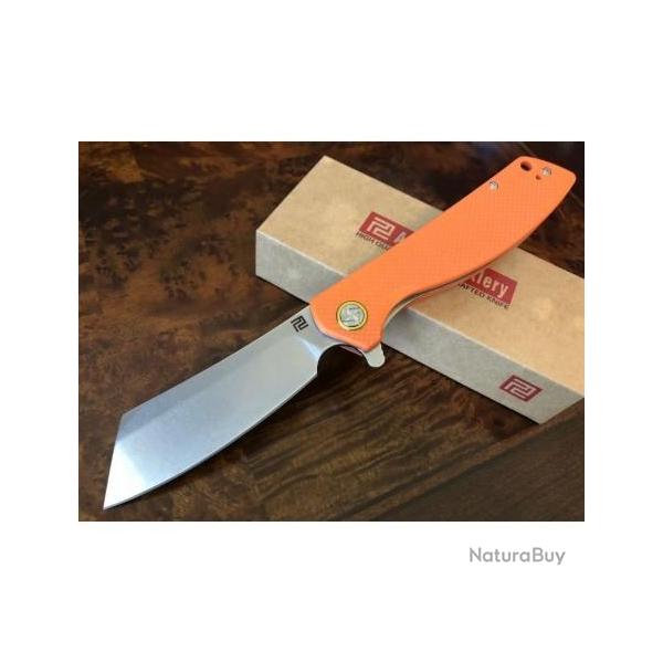 Couteau Artisan Tomahawk D2 Manche Orange G-10 Lame Acier D2 Linerlock Clip ATZ1815POEF