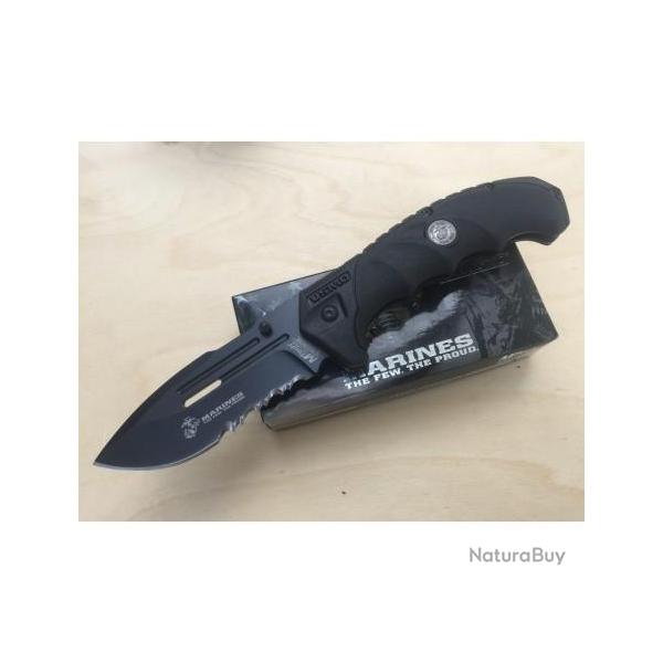 Couteau Tactical USMC Marines A/O Black Lame Acier Carbone Serr Manche Abs USMA1053BK